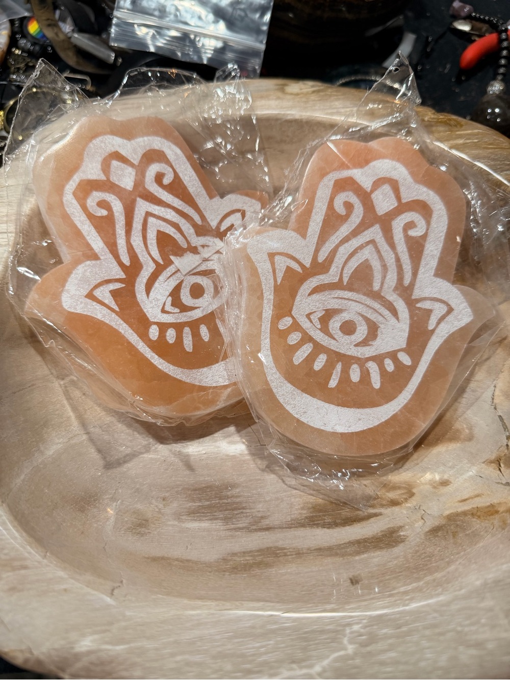 Peach Selenite Hamza Hand Charging Plate